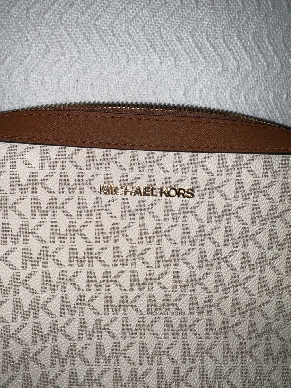 Michael Kors Beige Monogram Crossbody with Brown Trim